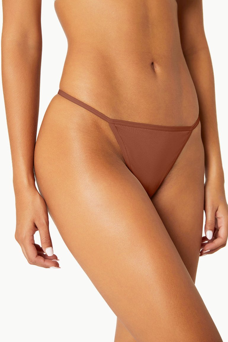 Woman modeling String Nix dark brown seamless thong underwear