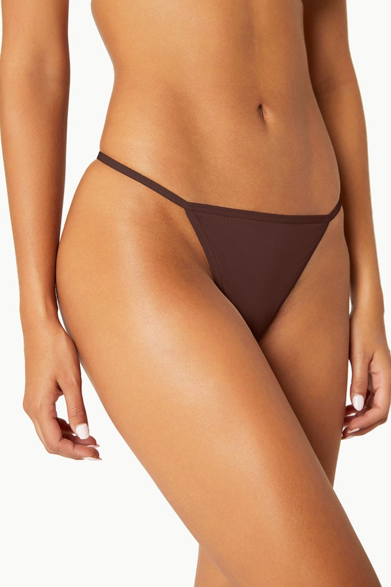 Woman modeling String Nix chocolate brown seamless thong underwear