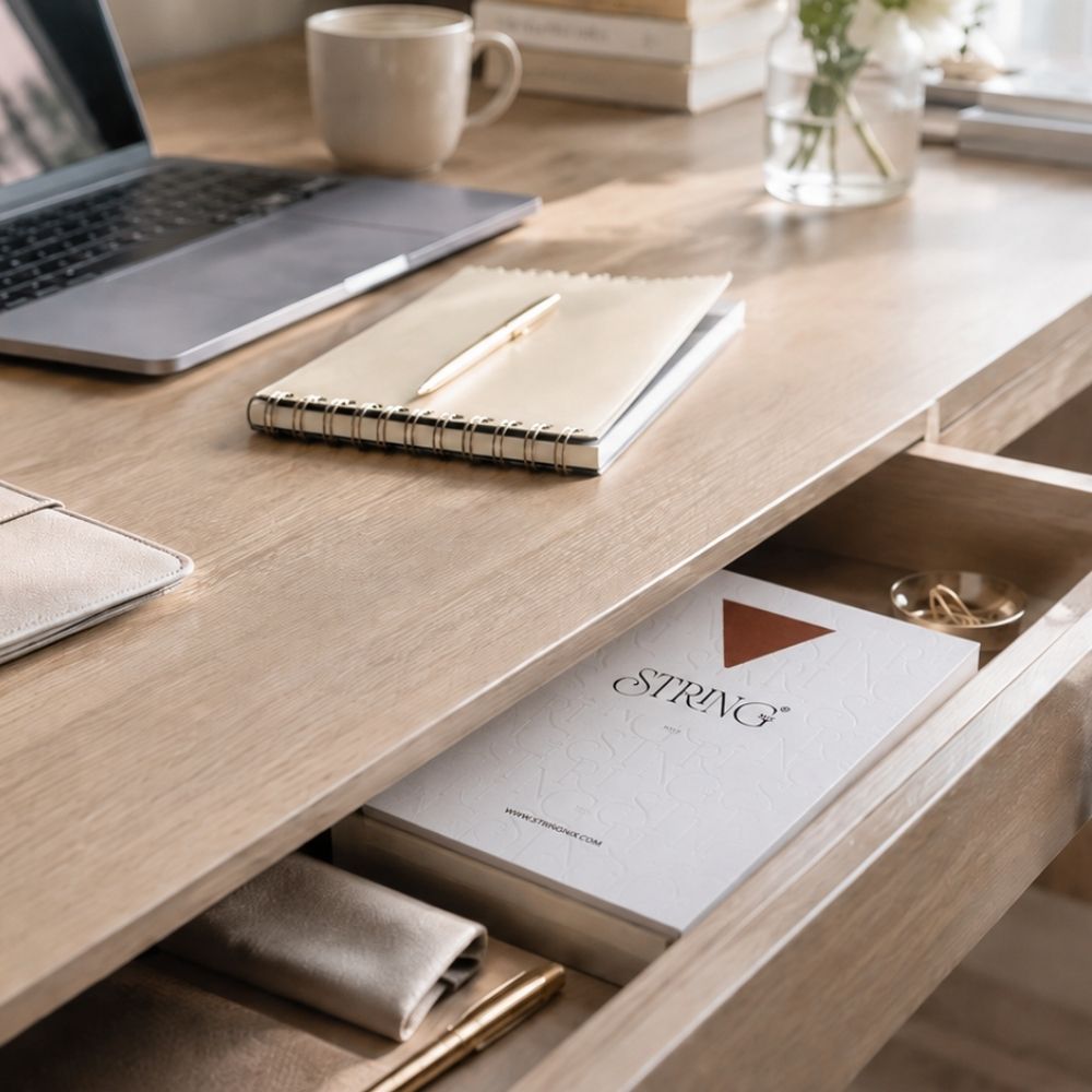 String Nix gift box peeking from an open desk drawer beside a laptop in a bright home office.