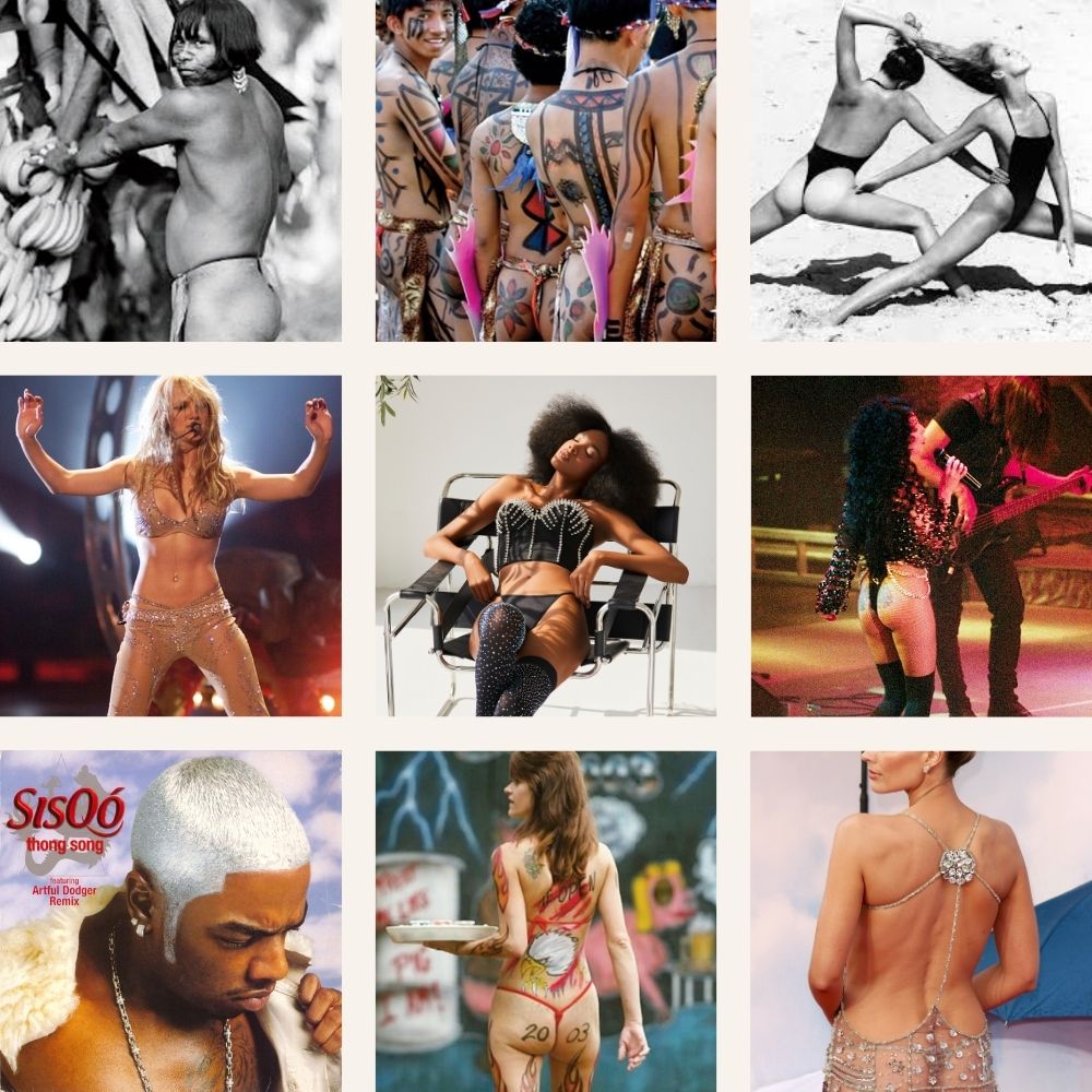 Collage of women wearing historic and contemporary thong styles.