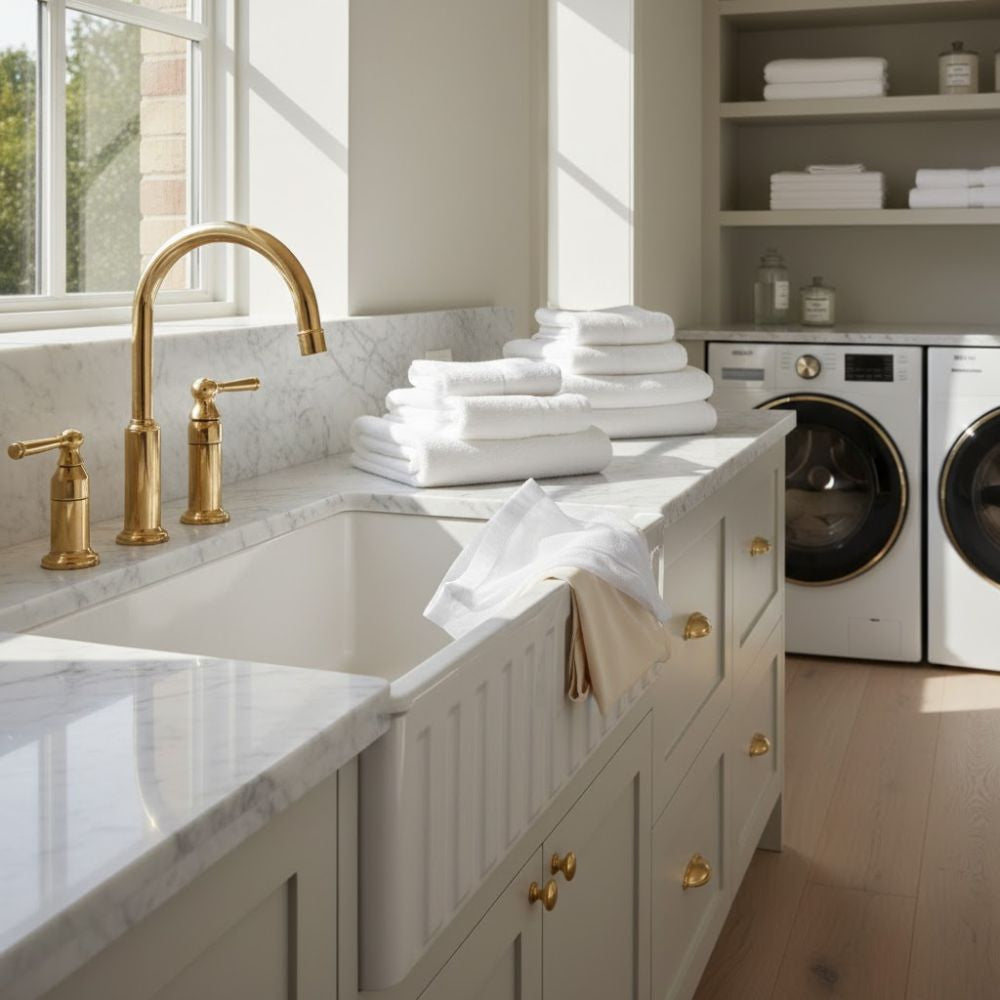Luxury laundry room with marble sink and folded towels, washing cotton underwear gently in cold water