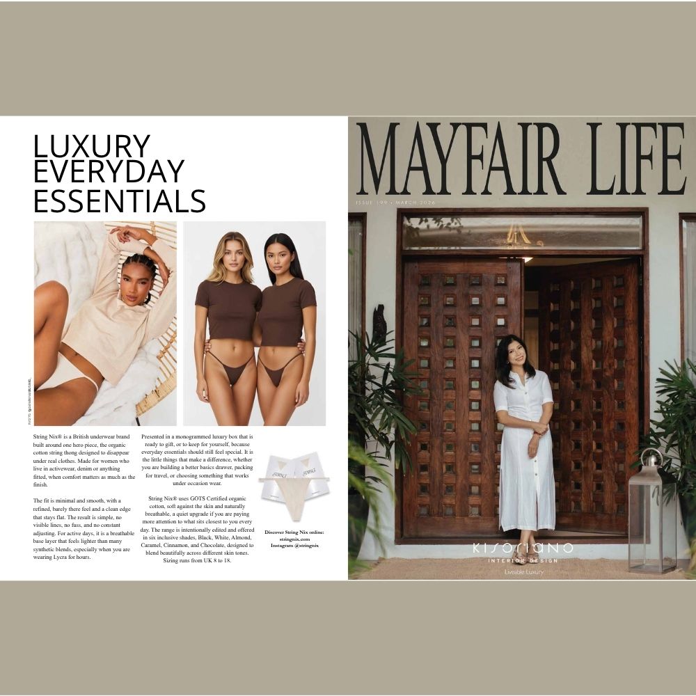 Mayfair Life magazine feature showing String Nix models and product photography.