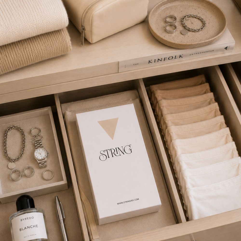 Open wardrobe drawer with folded neutral clothing, jewellery and a String Nix box.