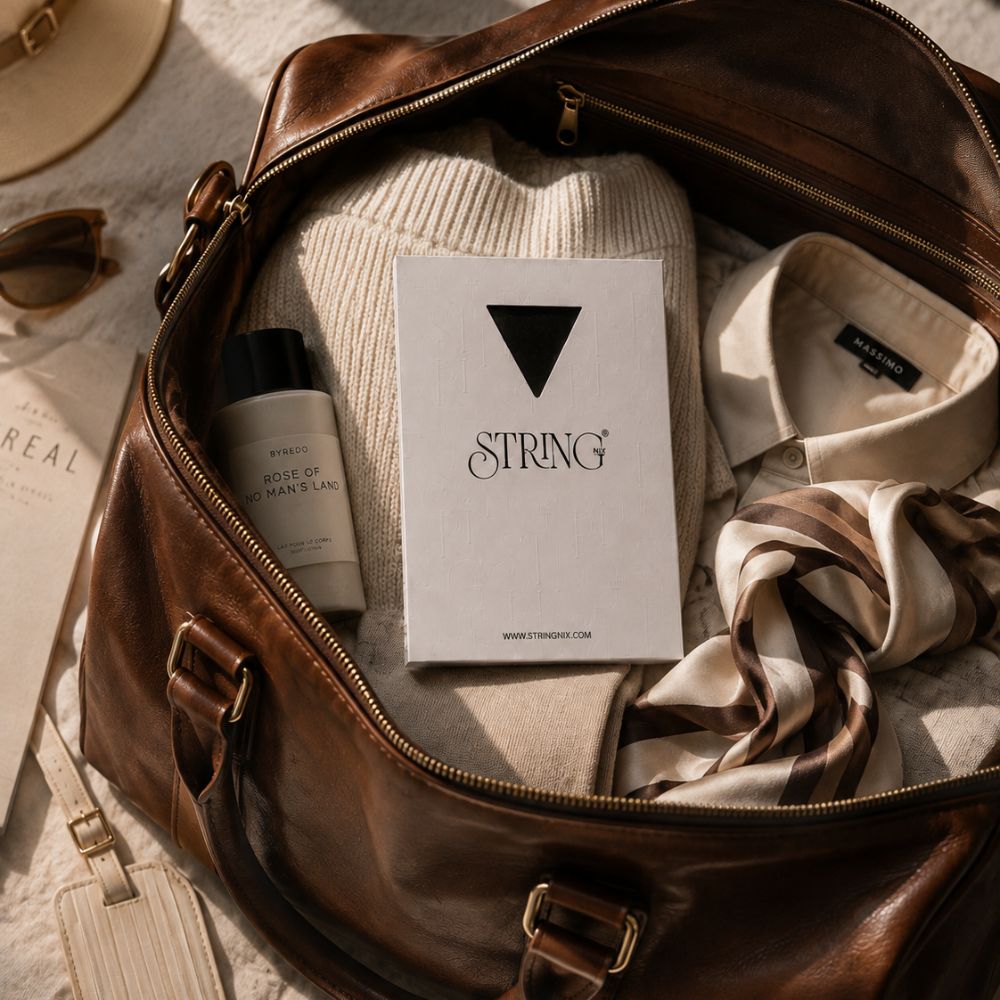 Weekend bag being packed with neutral clothing and comfortable underwear for a short trip.